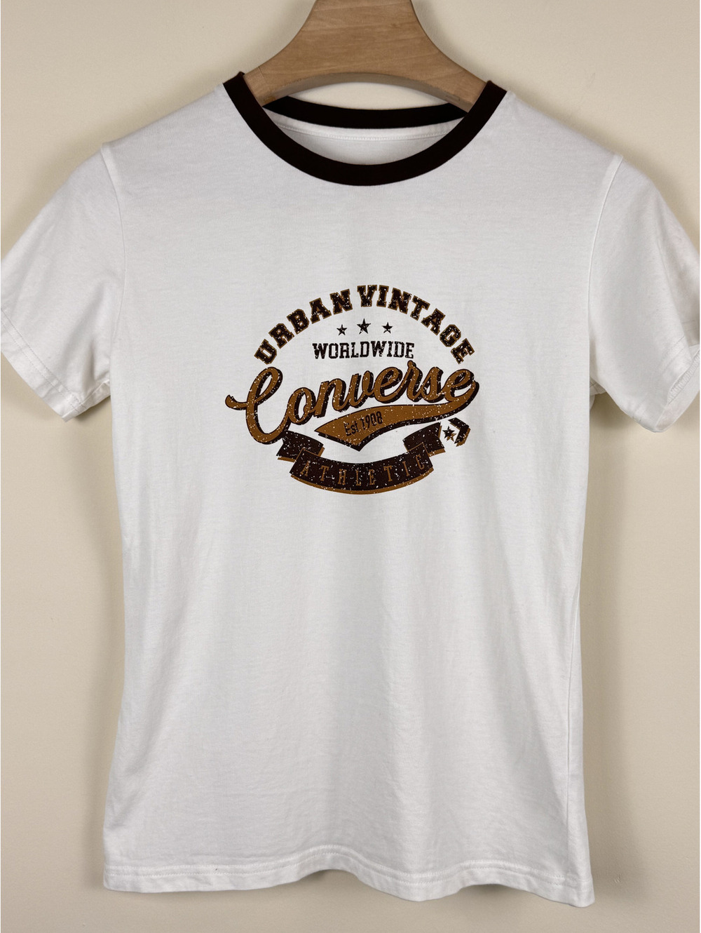 Converse Sample Urban Vintage Ringer Graphic T-Shirt White Brown Size M FA25